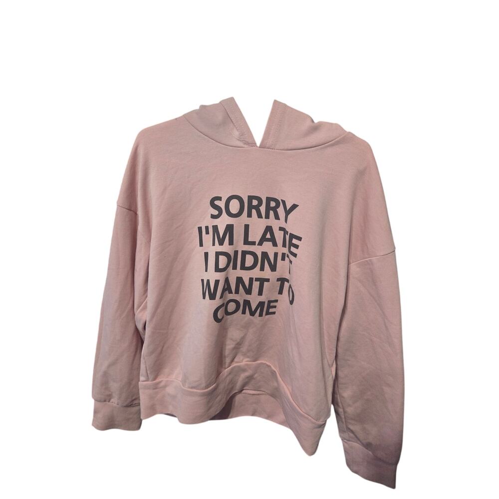 "Sorry I'm Late" Light Pink Hoodie - SHEIN - 8Y